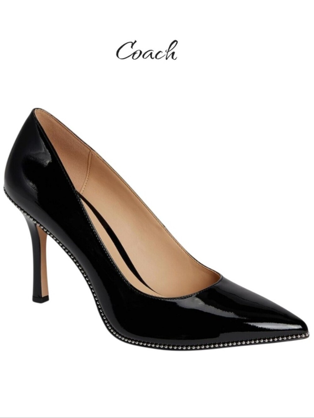 COACH Samantha Black Patent Leather Studded Pointed Toe Stiletto Pumps 6.5 NWB